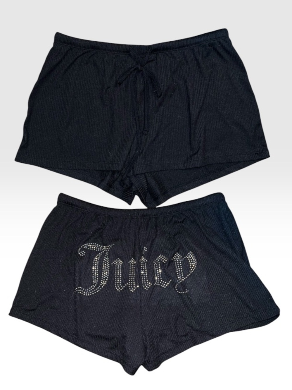 Juicy Couture Black Bling Silver Logo Ribbed Lounge Drawstring Shorts Y2K Size M - Picture 1 of 7